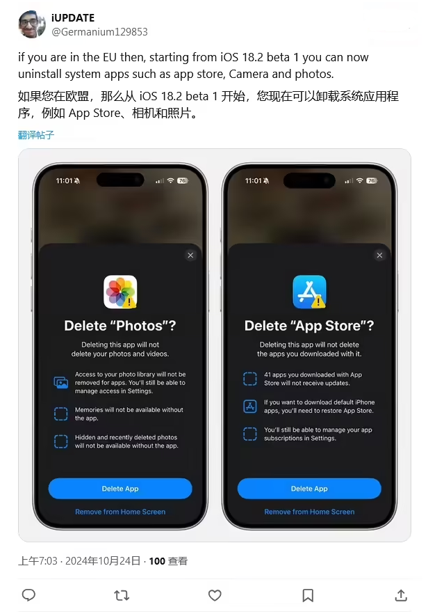 黎安镇苹果手机维修分享iOS 18.2 支持删除 App Store 应用商店 