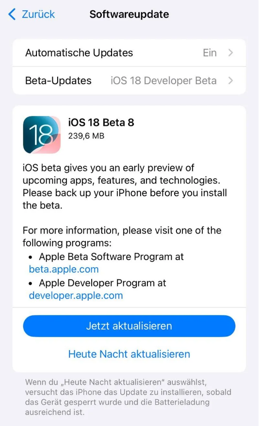 黎安镇苹果手机维修分享苹果 iOS / iPadOS 18 开发者预览版 Beta 8 发布 